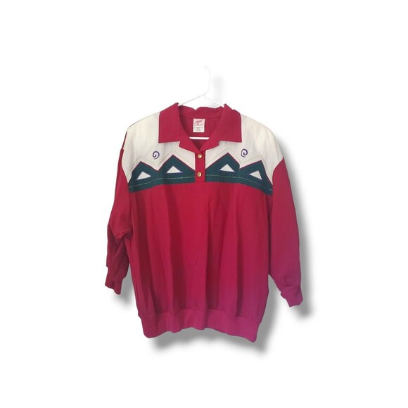 Vintage 80's Geometric Quarter Button Collared Pullover Top Sz L - Picture 2 of 14